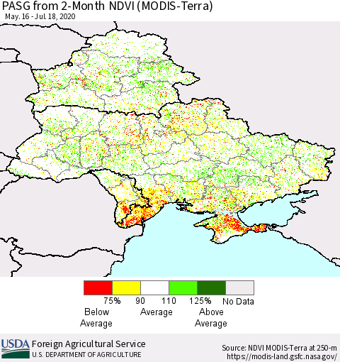 Ukraine, Moldova and Belarus PASG from 2-Month NDVI (Terra-MODIS) Thematic Map For 7/11/2020 - 7/20/2020