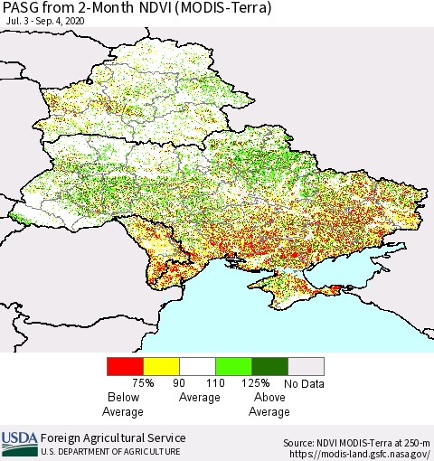 Ukraine, Moldova and Belarus PASG from 2-Month NDVI (Terra-MODIS) Thematic Map For 9/1/2020 - 9/10/2020