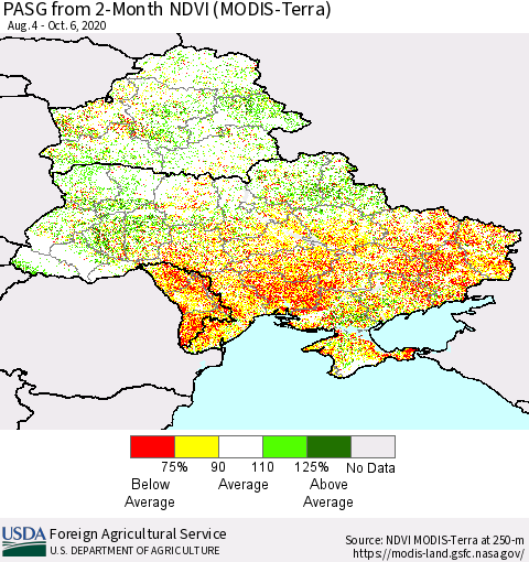 Ukraine, Moldova and Belarus PASG from 2-Month NDVI (Terra-MODIS) Thematic Map For 10/1/2020 - 10/10/2020