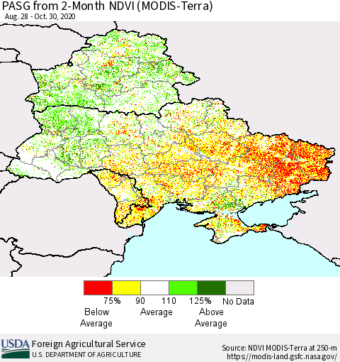 Ukraine, Moldova and Belarus PASG from 2-Month NDVI (Terra-MODIS) Thematic Map For 10/21/2020 - 10/31/2020