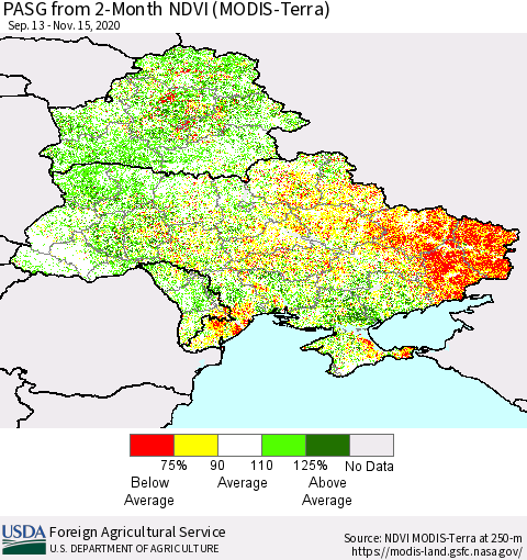 Ukraine, Moldova and Belarus PASG from 2-Month NDVI (Terra-MODIS) Thematic Map For 11/11/2020 - 11/20/2020