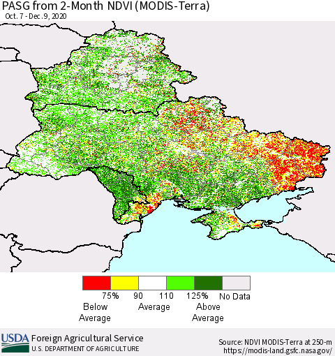Ukraine, Moldova and Belarus PASG from 2-Month NDVI (Terra-MODIS) Thematic Map For 12/1/2020 - 12/10/2020
