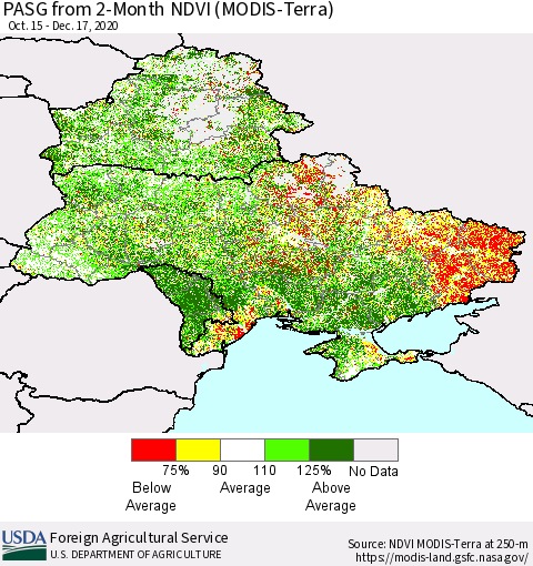 Ukraine, Moldova and Belarus PASG from 2-Month NDVI (Terra-MODIS) Thematic Map For 12/11/2020 - 12/20/2020