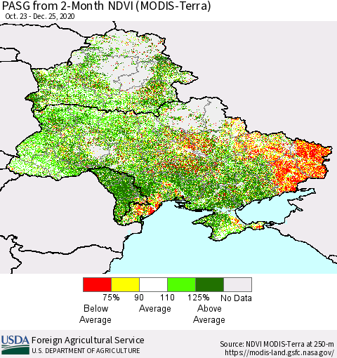 Ukraine, Moldova and Belarus PASG from 2-Month NDVI (Terra-MODIS) Thematic Map For 12/21/2020 - 12/31/2020