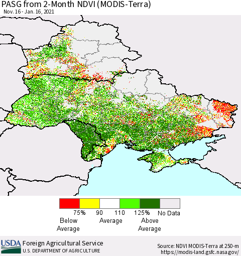 Ukraine, Moldova and Belarus PASG from 2-Month NDVI (Terra-MODIS) Thematic Map For 1/11/2021 - 1/20/2021