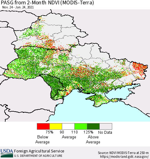 Ukraine, Moldova and Belarus PASG from 2-Month NDVI (Terra-MODIS) Thematic Map For 1/21/2021 - 1/31/2021