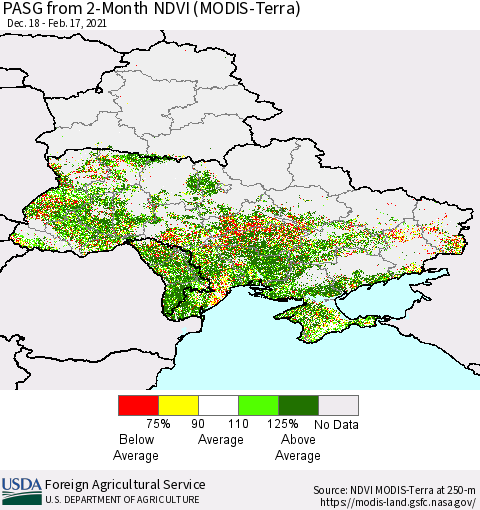 Ukraine, Moldova and Belarus PASG from 2-Month NDVI (Terra-MODIS) Thematic Map For 2/11/2021 - 2/20/2021