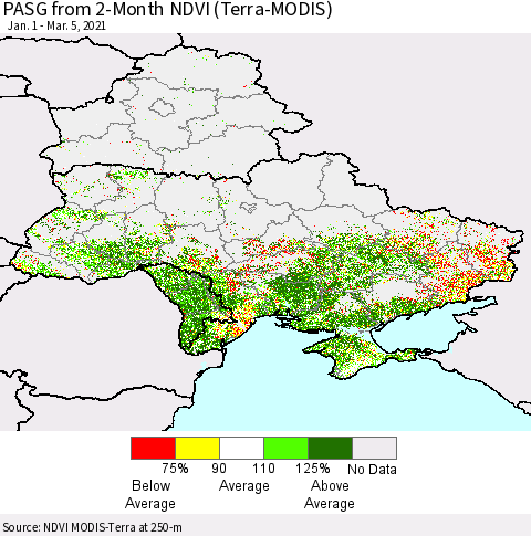 Ukraine, Moldova and Belarus PASG from 2-Month NDVI (Terra-MODIS) Thematic Map For 2/26/2021 - 3/5/2021