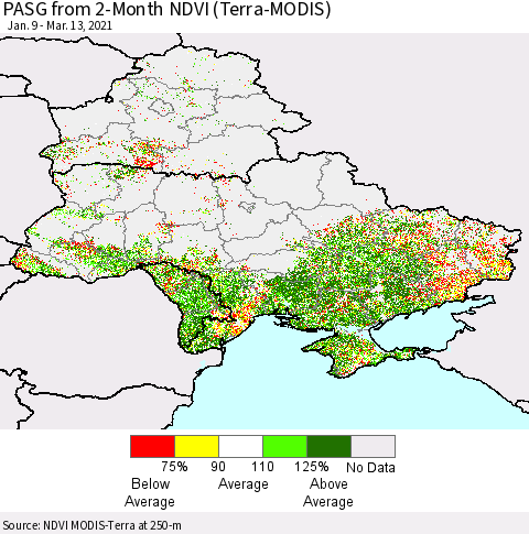 Ukraine, Moldova and Belarus PASG from 2-Month NDVI (Terra-MODIS) Thematic Map For 3/6/2021 - 3/13/2021