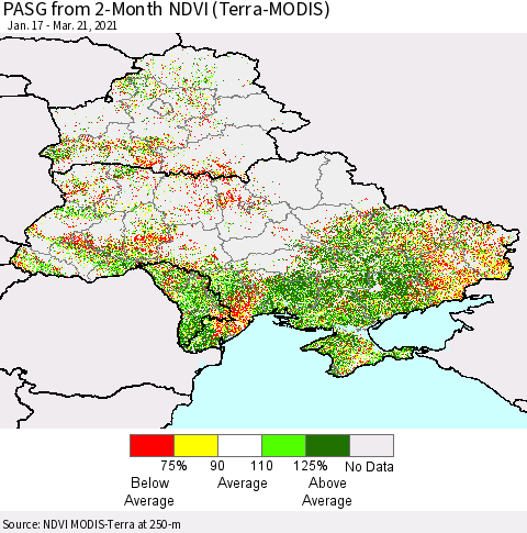 Ukraine, Moldova and Belarus PASG from 2-Month NDVI (Terra-MODIS) Thematic Map For 3/14/2021 - 3/21/2021