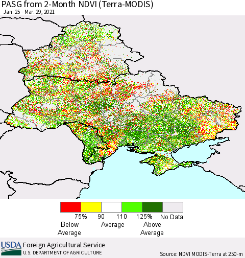 Ukraine, Moldova and Belarus PASG from 2-Month NDVI (Terra-MODIS) Thematic Map For 3/22/2021 - 3/29/2021