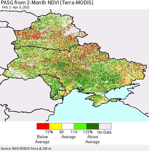Ukraine, Moldova and Belarus PASG from 2-Month NDVI (Terra-MODIS) Thematic Map For 3/30/2021 - 4/6/2021