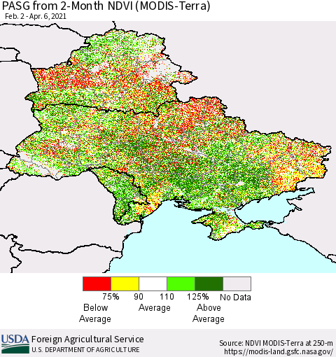 Ukraine, Moldova and Belarus PASG from 2-Month NDVI (Terra-MODIS) Thematic Map For 4/1/2021 - 4/10/2021