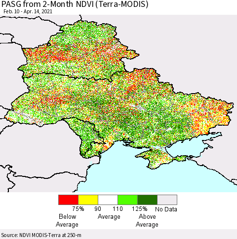 Ukraine, Moldova and Belarus PASG from 2-Month NDVI (Terra-MODIS) Thematic Map For 4/7/2021 - 4/14/2021