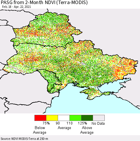 Ukraine, Moldova and Belarus PASG from 2-Month NDVI (Terra-MODIS) Thematic Map For 4/15/2021 - 4/22/2021