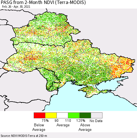 Ukraine, Moldova and Belarus PASG from 2-Month NDVI (Terra-MODIS) Thematic Map For 4/21/2021 - 4/30/2021
