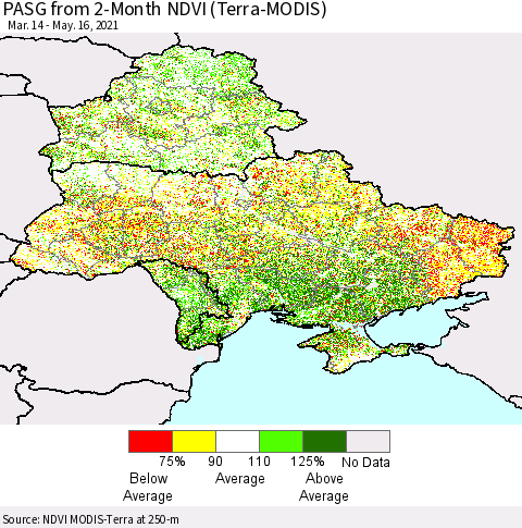 Ukraine, Moldova and Belarus PASG from 2-Month NDVI (Terra-MODIS) Thematic Map For 5/9/2021 - 5/16/2021