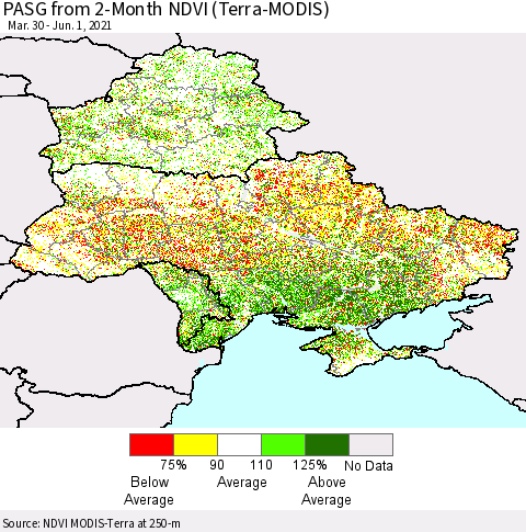 Ukraine, Moldova and Belarus PASG from 2-Month NDVI (Terra-MODIS) Thematic Map For 5/25/2021 - 6/1/2021