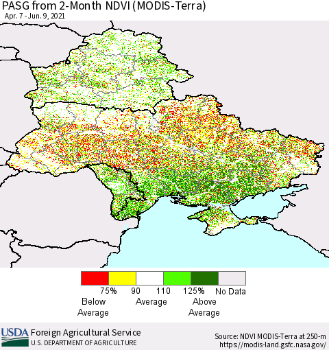 Ukraine, Moldova and Belarus PASG from 2-Month NDVI (Terra-MODIS) Thematic Map For 6/1/2021 - 6/10/2021