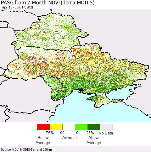 Ukraine, Moldova and Belarus PASG from 2-Month NDVI (Terra-MODIS) Thematic Map For 6/10/2021 - 6/17/2021