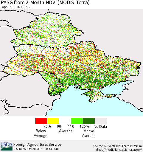 Ukraine, Moldova and Belarus PASG from 2-Month NDVI (Terra-MODIS) Thematic Map For 6/11/2021 - 6/20/2021