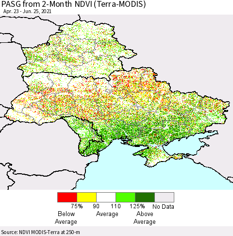Ukraine, Moldova and Belarus PASG from 2-Month NDVI (Terra-MODIS) Thematic Map For 6/18/2021 - 6/25/2021