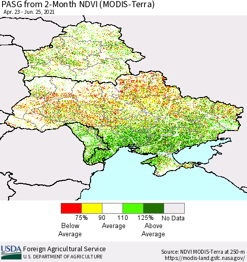 Ukraine, Moldova and Belarus PASG from 2-Month NDVI (Terra-MODIS) Thematic Map For 6/21/2021 - 6/30/2021