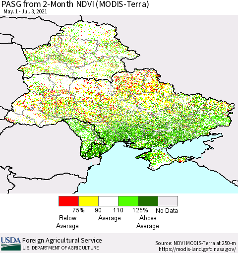 Ukraine, Moldova and Belarus PASG from 2-Month NDVI (Terra-MODIS) Thematic Map For 7/1/2021 - 7/10/2021
