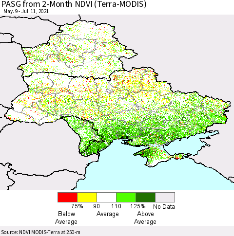 Ukraine, Moldova and Belarus PASG from 2-Month NDVI (Terra-MODIS) Thematic Map For 7/4/2021 - 7/11/2021