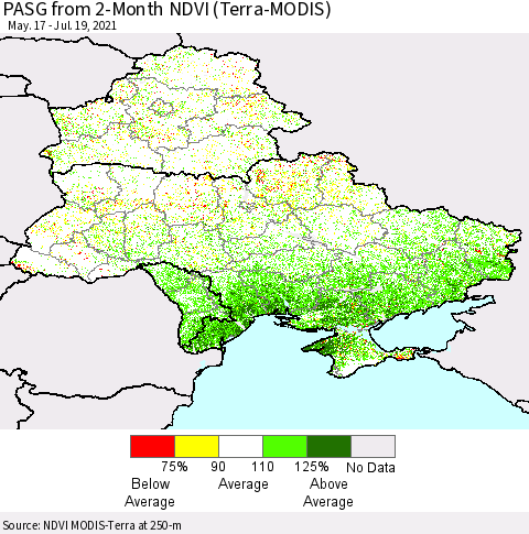 Ukraine, Moldova and Belarus PASG from 2-Month NDVI (Terra-MODIS) Thematic Map For 7/12/2021 - 7/19/2021