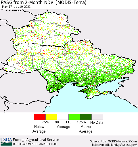 Ukraine, Moldova and Belarus PASG from 2-Month NDVI (Terra-MODIS) Thematic Map For 7/11/2021 - 7/20/2021