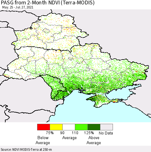 Ukraine, Moldova and Belarus PASG from 2-Month NDVI (Terra-MODIS) Thematic Map For 7/20/2021 - 7/27/2021