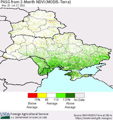 Ukraine, Moldova and Belarus PASG from 2-Month NDVI (Terra-MODIS) Thematic Map For 7/21/2021 - 7/31/2021