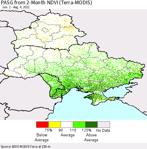 Ukraine, Moldova and Belarus PASG from 2-Month NDVI (Terra-MODIS) Thematic Map For 7/28/2021 - 8/4/2021