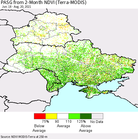 Ukraine, Moldova and Belarus PASG from 2-Month NDVI (Terra-MODIS) Thematic Map For 8/11/2021 - 8/20/2021