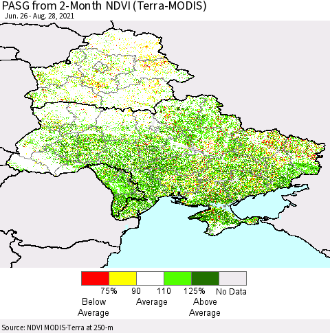 Ukraine, Moldova and Belarus PASG from 2-Month NDVI (Terra-MODIS) Thematic Map For 8/21/2021 - 8/28/2021