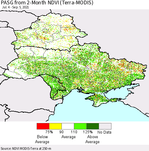 Ukraine, Moldova and Belarus PASG from 2-Month NDVI (Terra-MODIS) Thematic Map For 8/29/2021 - 9/5/2021