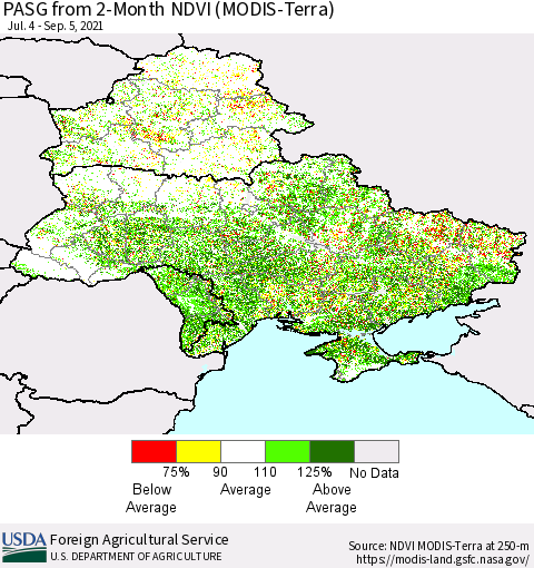 Ukraine, Moldova and Belarus PASG from 2-Month NDVI (Terra-MODIS) Thematic Map For 9/1/2021 - 9/10/2021