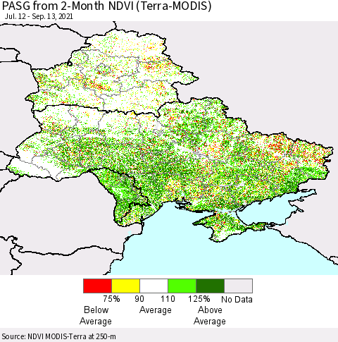 Ukraine, Moldova and Belarus PASG from 2-Month NDVI (Terra-MODIS) Thematic Map For 9/6/2021 - 9/13/2021