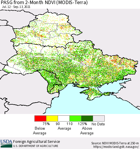 Ukraine, Moldova and Belarus PASG from 2-Month NDVI (Terra-MODIS) Thematic Map For 9/11/2021 - 9/20/2021