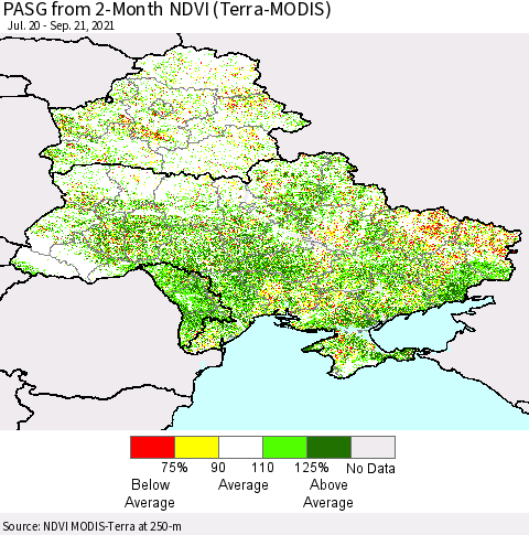 Ukraine, Moldova and Belarus PASG from 2-Month NDVI (Terra-MODIS) Thematic Map For 9/14/2021 - 9/21/2021