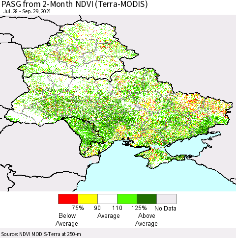 Ukraine, Moldova and Belarus PASG from 2-Month NDVI (Terra-MODIS) Thematic Map For 9/22/2021 - 9/29/2021