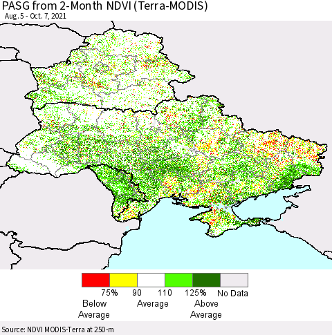 Ukraine, Moldova and Belarus PASG from 2-Month NDVI (Terra-MODIS) Thematic Map For 9/30/2021 - 10/7/2021