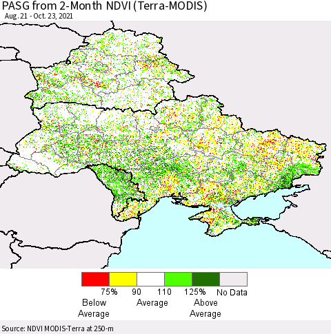 Ukraine, Moldova and Belarus PASG from 2-Month NDVI (Terra-MODIS) Thematic Map For 10/16/2021 - 10/23/2021