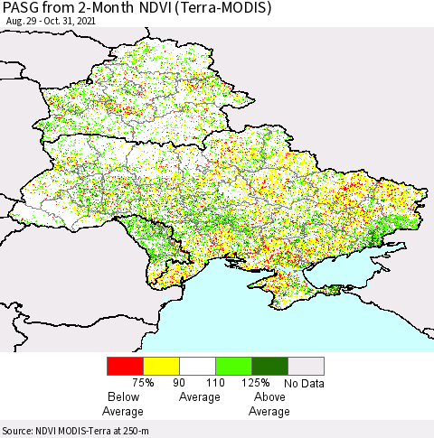 Ukraine, Moldova and Belarus PASG from 2-Month NDVI (Terra-MODIS) Thematic Map For 10/21/2021 - 10/31/2021