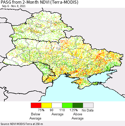 Ukraine, Moldova and Belarus PASG from 2-Month NDVI (Terra-MODIS) Thematic Map For 11/1/2021 - 11/8/2021