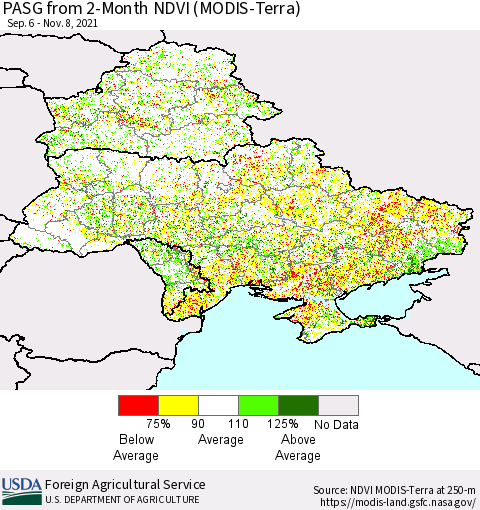 Ukraine, Moldova and Belarus PASG from 2-Month NDVI (Terra-MODIS) Thematic Map For 11/1/2021 - 11/10/2021