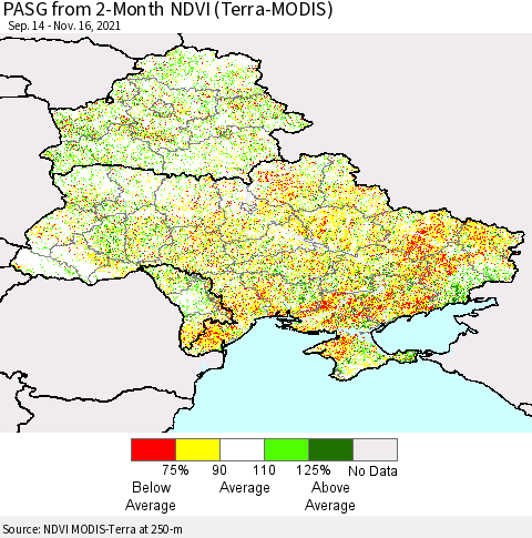 Ukraine, Moldova and Belarus PASG from 2-Month NDVI (Terra-MODIS) Thematic Map For 11/9/2021 - 11/16/2021