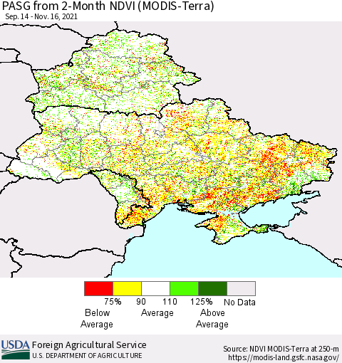 Ukraine, Moldova and Belarus PASG from 2-Month NDVI (Terra-MODIS) Thematic Map For 11/11/2021 - 11/20/2021