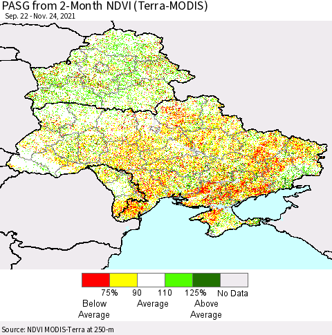 Ukraine, Moldova and Belarus PASG from 2-Month NDVI (Terra-MODIS) Thematic Map For 11/17/2021 - 11/24/2021